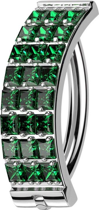 Actual product image Star Piercing Banana hinged silver shield three rows of square crystals green (Titanium G23, without brass)