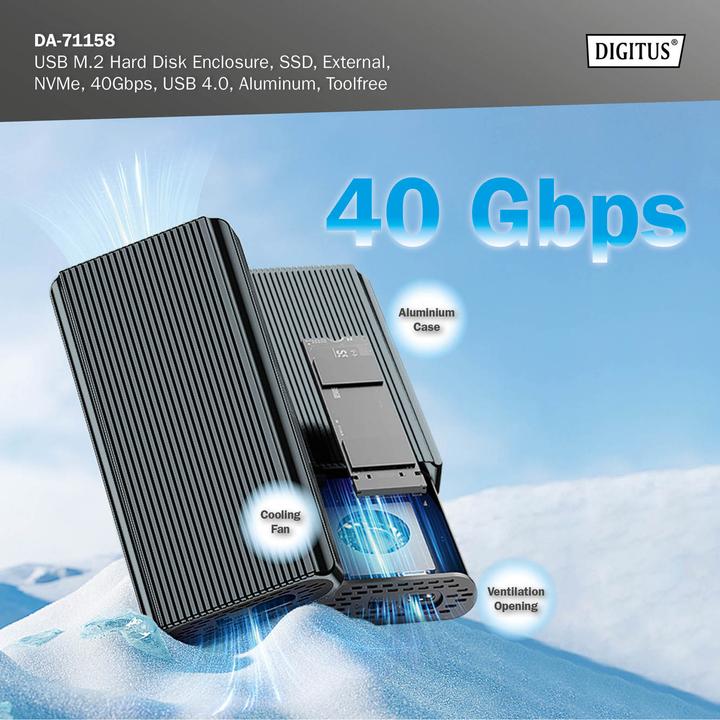 Immagine prodotto Digitus Alloggiamento per disco rigido USB M.2, SDD, esterno, NVMe, 40Gbps, USB 4.0, alluminio, senza attrez (M.2 2280, M.2 2230, M.2 2260, M.2 2242)