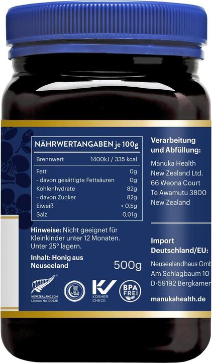 Valeurs nutritives et ingrédients Manuka Health MGO 400+ Miel de Manuka 500 g (500 g)