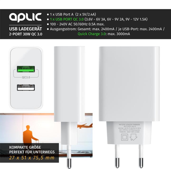 Produktbild Aplic USB Ladegerät 3000 mA, 2 Port, 30W, Quick Charge 3.0 (QC 3.0) Schnelladefunktion, weiss (30 W)