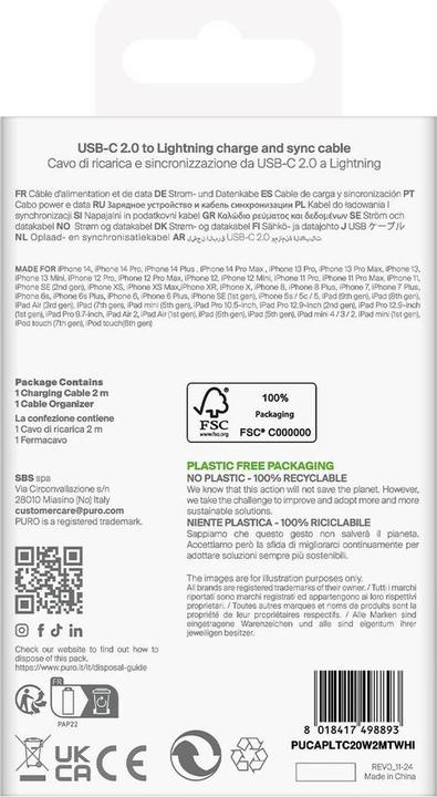 Image du produit Puro TPE 20W USB-C - Lightning Kabel 2m - Weiss (2 m, 20 W)