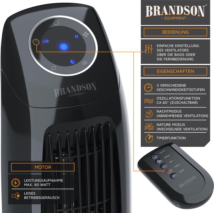 Image du produit Brandson ventilateur tour, télécommande, oscillation, minuterie, 60W, ventilateur colonne 86cm, noir, noir (47 dB)