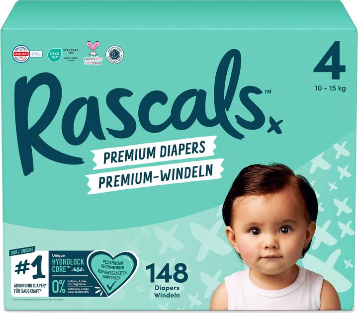 Rascals Premium-Windeln (Gr. 4, Monatsbox, 148 Stück)