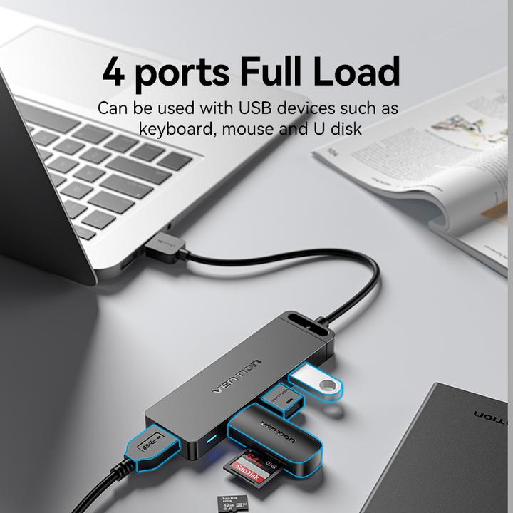 Productafbeelding Vention USB 3.0 4-poorts hub met voedingsadapter CHLBF 1m, Zwart (USB-C, 4 Havens)