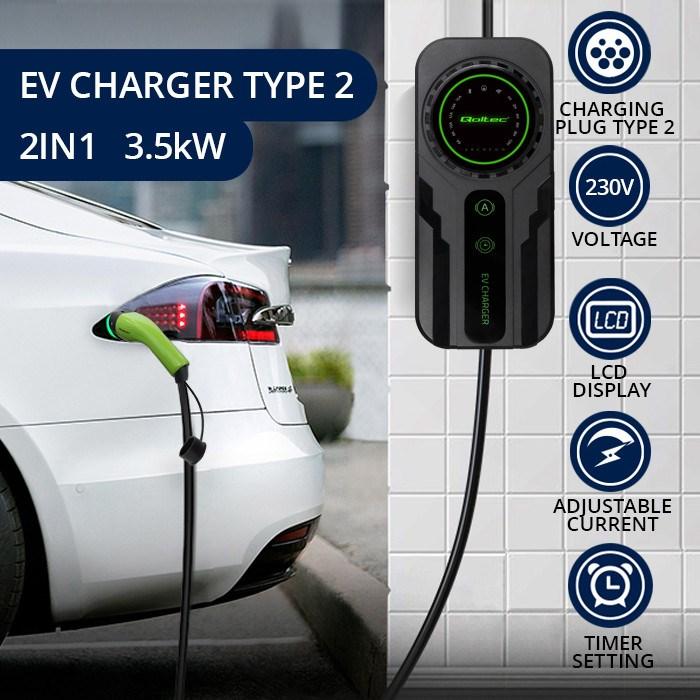 Image du produit Qoltec Mobilna ładowarka do samochodu elektrycznego EV z regulacją 2w1 Typ2 | SCHUKO | 3.5kW | 230V (Type 2, 3.50 kW, 16 A)