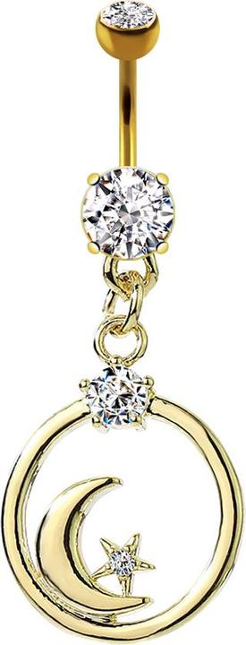 Star Piercing Banane vergoldet mit zwei Kugeln Kristall silber Anhänger Kreis Mond und Stern (Chirurgenstahl 316L, Messing)