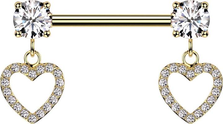 Star Piercing Barbell vergoldet mit zwei Kristall silber gefasst Anhänger Herz Kristalle silber (Messing, Chirurgenstahl 316L)
