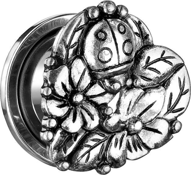 Star Piercing Flesh Plug Herz mit Blumen und Marienkäfer (Messing, Chirurgenstahl 316L)