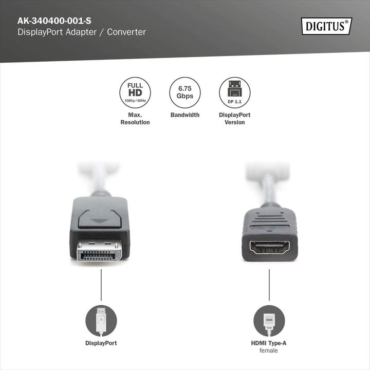 Image du produit Digitus DisplayPort – HDMI (0.15 m, DisplayPort)
