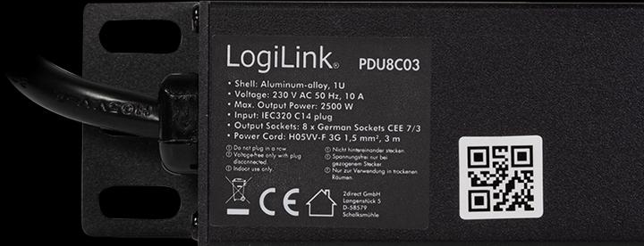 Produktbild LogiLink 19" Steckdosenleiste 8-fach, mit Kaltgerätestecker u. Überlastschutz (8 x, CEE 7/3, 3 m)