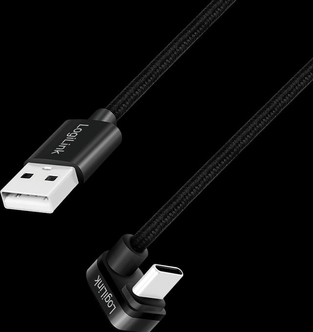 Produktbild LogiLink USB 2.0 Type-C-Kabel, C/M 180° zu USB-A/M, Alu, schwarz, 2 m (2 m, USB 2.0, 20 W)