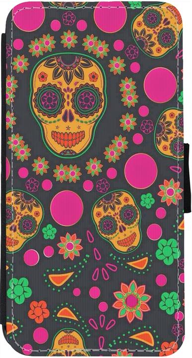 Actual product image PhoneLook Cover Wallet black Halloween 22 colourful mexican skulls (Apple iPhone 12, Realme 12 Pro+)