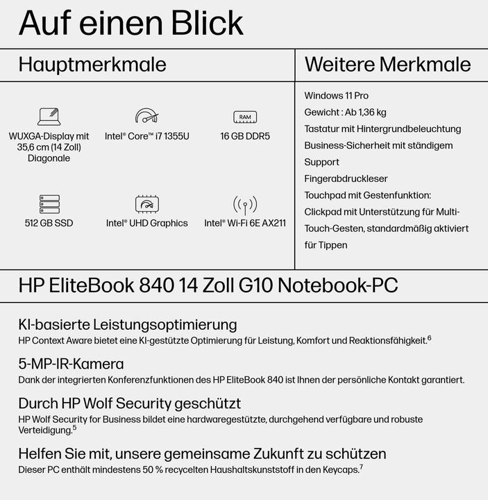 Actual product image HP EliteBook 840 G10 Intel Core i7-1355U 35.5cm 14inch WUXGA 16GB 512GB/SSD W11P 3J Gar (EN) (14.02", Intel Core i7-1355U, 16 GB, 512 GB, DE)