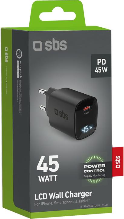 Productafbeelding SBS PD reislader 45W USB-C LCD scherm GaN zwart (45 W)
