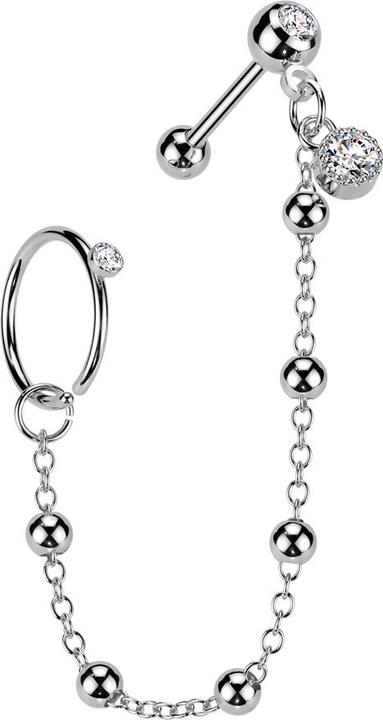 Star Piercing Micro Barbell silber mit Kugel und Kugeln Kristall silber Verbindungskette Ring Kristall silber (Chirurgenstahl 316L, Messing)