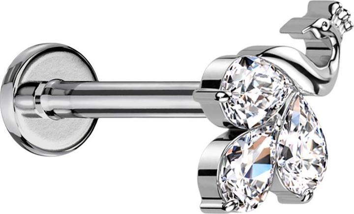 Star Piercing Micro Labret Innengewinde silber Pfau silber drei Kristalle silber (ohne Messing, Titan G23)