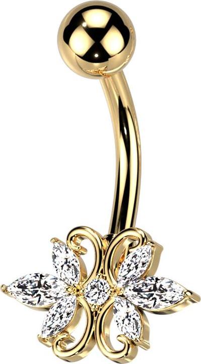 Star Piercing Banane vergoldet mit Kugel doppel Herz Kristalle silber (Chirurgenstahl 316L, Messing)