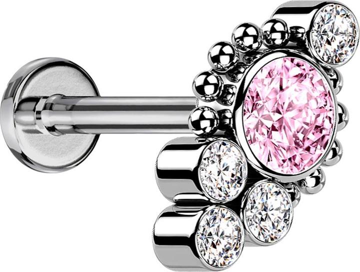 Star Piercing Micro Labret Innengewinde silber Kugeln vier Kristalle silber Kristall pink (Titan G23, ohne Messing)