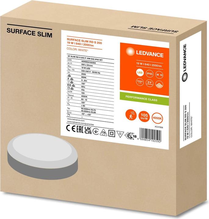 Actual product image Ledvance SURFACE SLIM wall/ceiling light IK10 round 200 Sensor 19W 840 white IP65 (2000 lm)