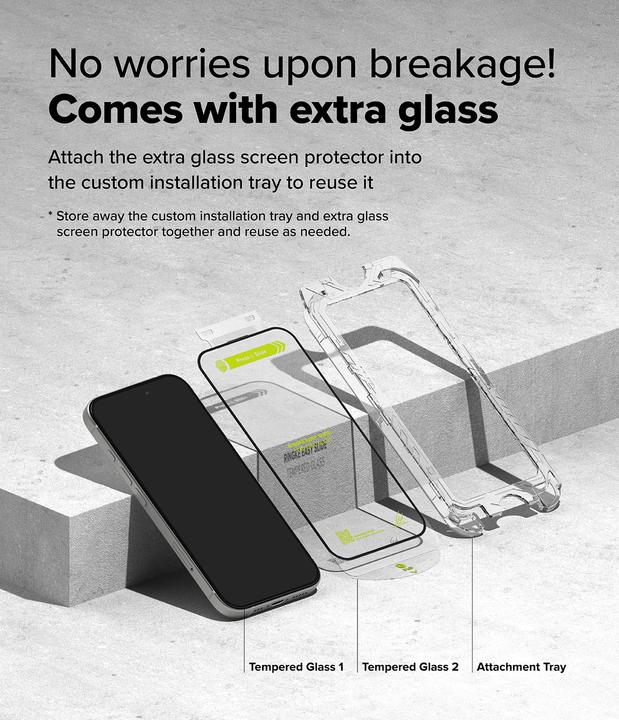 Productafbeelding Ringke Screen Protector voor iPhone 16 / 15 EASY SLIDE TEMPERED GLASS 2 pack, w installation Jig (2 Stuk, Apple iPhone 16)