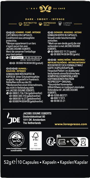 Valeurs nutritives et ingrédients L’OR Espresso L'Or Espresso Onyx Capsule de café 10 pièce(s) (10 x Port.)
