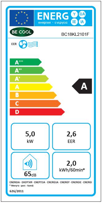 Energy Label Be Cool BC18KL2101F Air conditioner 18,000 BTU (64 m², 17060.71 BTU/h)