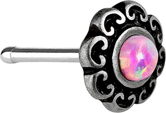 Star Piercing Nasenstecker gerade silber filigranen Tribal Herzen mit Opal pink (Messing, Chirurgenstahl 316L)