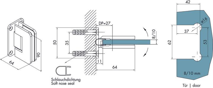 Actual product image Dormakaba Shower swing door hinges GRAL S 2004