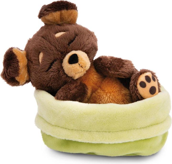 Actual product image NICI Sleeping Pets cuddly toy brown dog in green basket GREEN (11 cm)