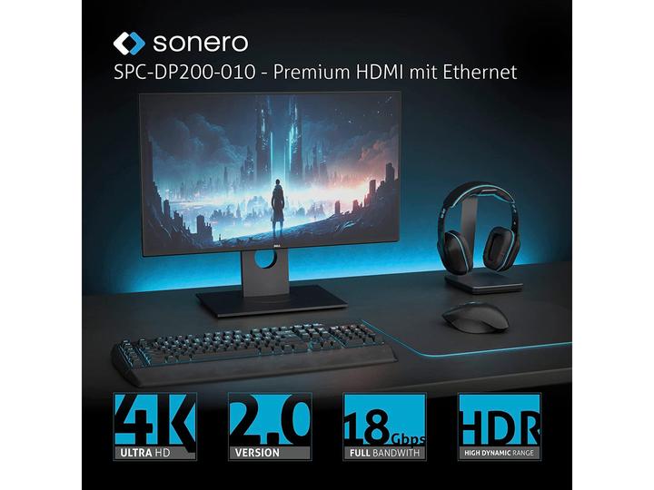 Produktbild Sonero DisplayPort-Kabel, DP/HDMI, Stecker/Stecker, 4K60, grau/schwarz, 1 m (1 m, DisplayPort)