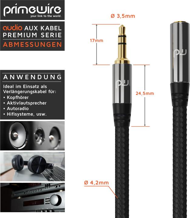 Immagine prodotto Primewire Prolunga del cavo jack AUX, cavo di collegamento audio, accoppiamento con guaina in nylon, jack a (7.50 m, Connettore da 3,5 mm (AUX))