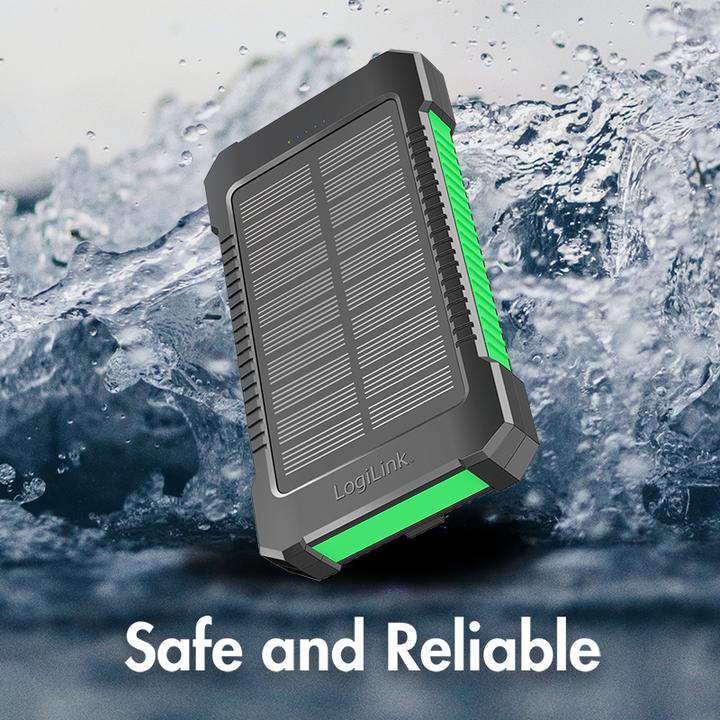 Produktbild LogiLink Solar-Powerbank 8000 mAh, Taschenlampe, 2x USB-A, grün-schwarz (8000 mAh, 10 W, 10 Wh)