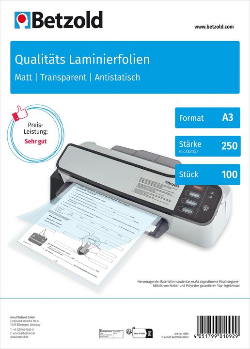 Actual product image Betzold Carton with 100 laminating foils matt, DIN A3, 250 mic (A3, 100 Piece, 250 µm)