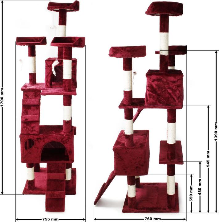 Produktbild Wiltec Kratzbaum Rot 170cm Sisal Katzenbaum Katzenkratzbaum Kletterbaum Katze (170 cm, Rot)