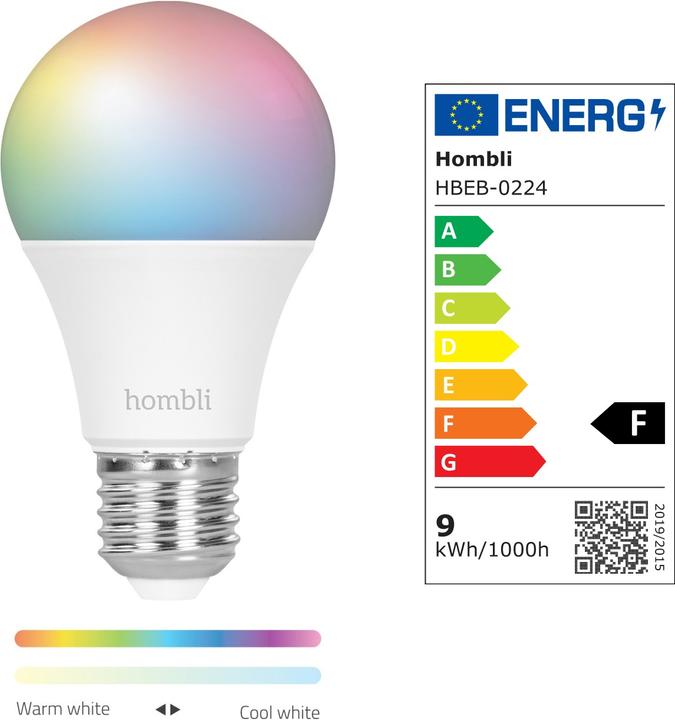 Energy Label Hombli Smart Bulb 9W RGB (2x) (E27, 9 W, 800 lm, 2 x, F)