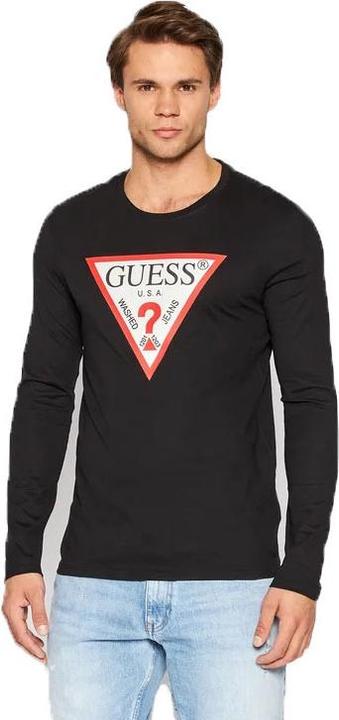 Actual product image Guess Herren CN LS ORIGINAL Logo Shirt, Schwarz/Hellrot/Weiss, XL (XL)