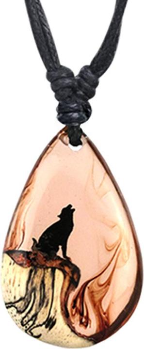 Chaotic Trading Halskette schwarz Anhänger Tropfen Wolf auf Berg Epoxy orange aus Tamarind Holz (ohne Messing, Organisch)