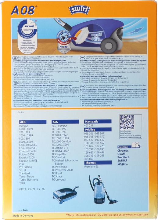 Produktbild Swirl Staubsaugerbeutel A08 (A09) MicroPor Plus für AEG Staubsauger