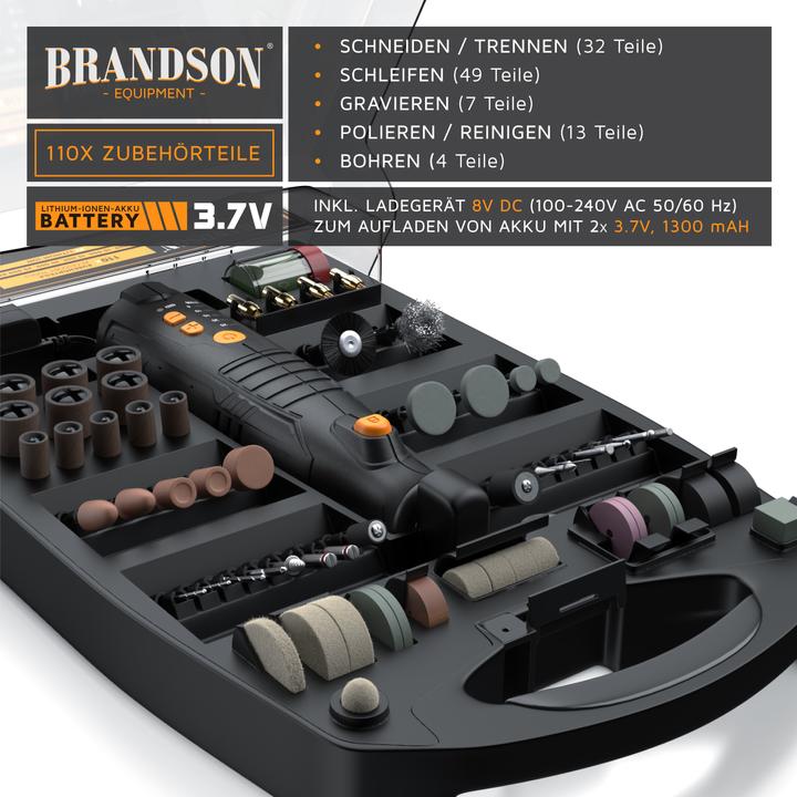 Produktbild Brandson Akku Multifunktionswerkzeug 8V 110-Teilig 5000-25000 U/min, Gravieren, Schleifen, Polieren, Schärfen