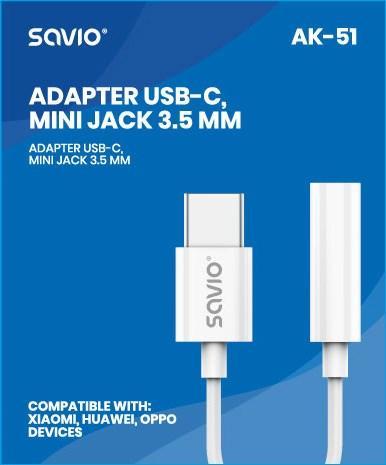 Immagine prodotto Savio Adattatore audio - USB Tipo 3.1 C M - Jack 3.5mm F - Bianco AK-51 (0.11 m, USB)