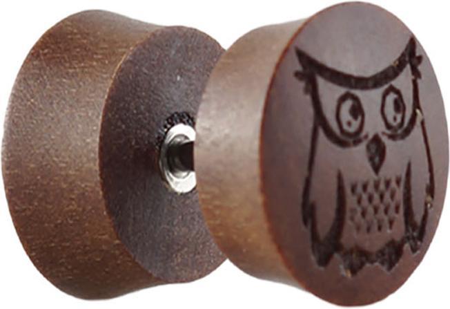 Star Piercing Fake Plug aus Sawo Holz mit Eule (ohne Messing, Organisch)