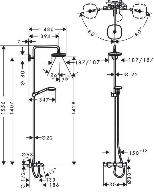 Produktbild hansgrohe HG Showerpipe CROMA SELECT E 180 2jet DN 15, für Wanne weiss/chrom