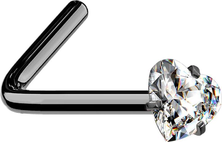 Star Piercing Nasenstecker gewinkelt schwarz Kristallherz silber gefasst (ohne Messing, Chirurgenstahl 316L)