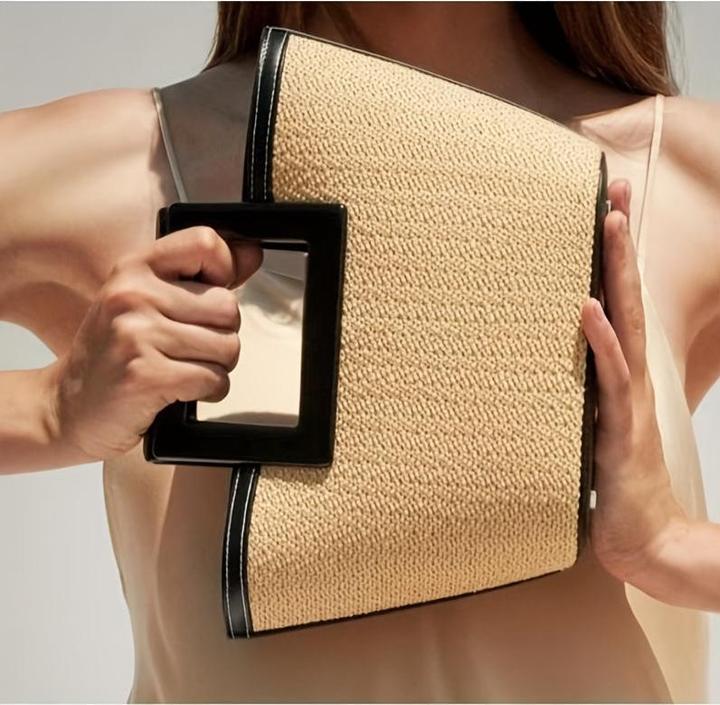 Produktbild Only-Bags.Store Stroh gewebt Handtasche, Boho Style Tote Bag, Sommer Tasche für Frauen, Stroh Kontrast Handtasche