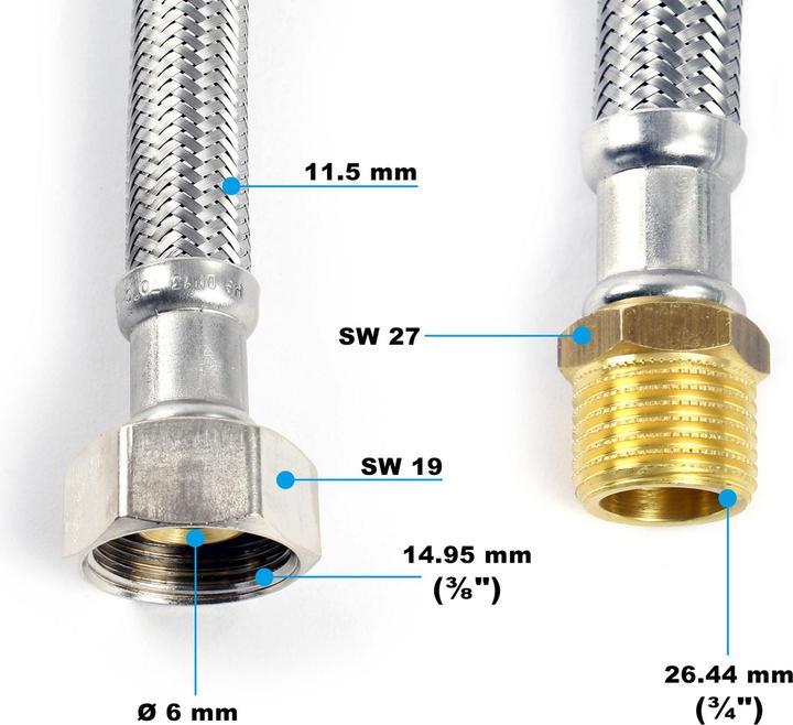 Actual product image XPOtool Flexible hose 300mm DN8 armoured hose 3/4"  AG 26.44mm 3/8"  ÜM 14.95mm