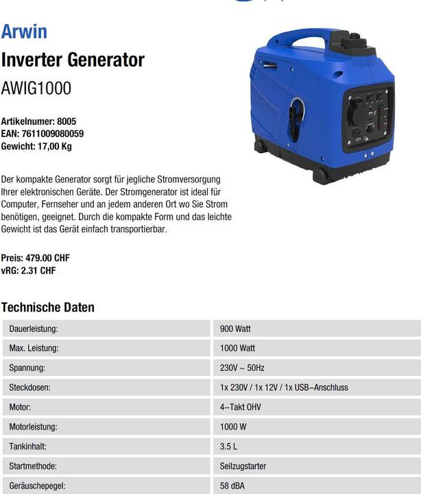 Image du produit Arwin AWIG1000 (650 W, 4.20 l)