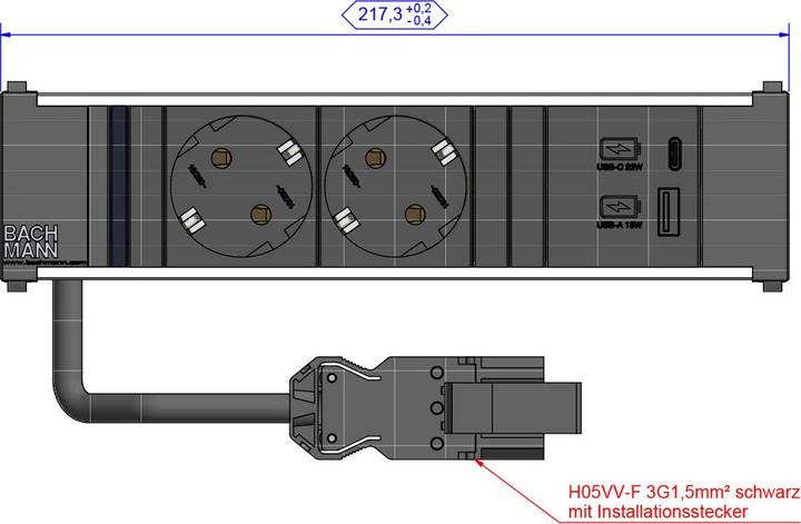 Actual product image Bachmann CONI module rack 3-fold 2x socket 1x USB charger A/C (912.233) (2 x, CEE 7/3, 0.20 m)