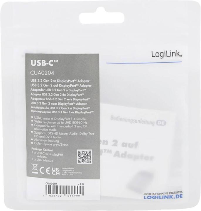 Produktbild LogiLink USB 3.2 Gen2 Type-C-Adapter, USB-C/M zu DP/F, 8K, Alu, schwarz/grau (USB Typ-C, 4 cm)