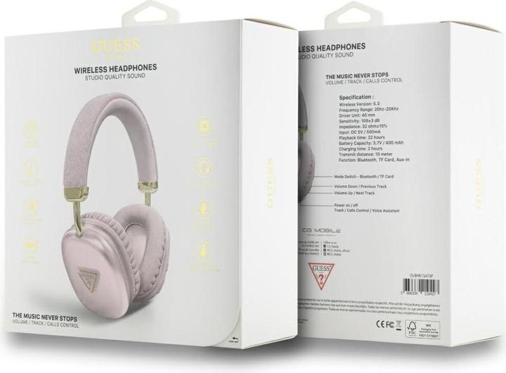 Produktbild Guess Wireless Bluetooth Headset Saffiano Triangle Logo Pink, GUBHK1SATSP, Universal (32 h, Kabellos)