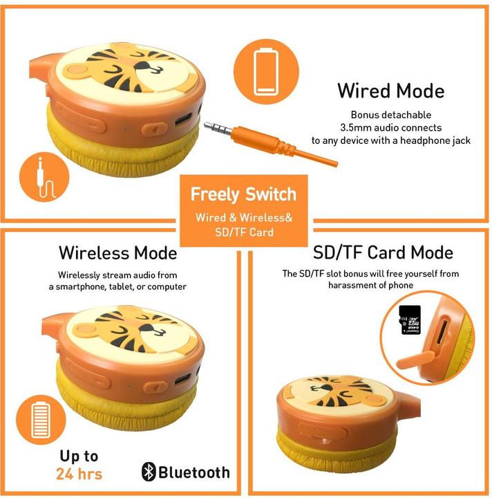 Produktbild PhoneLook Coole Wireless Bluetooth 5.3 Kopfhörer für Kinder mit gedämpfter Lautstärke 85dB und lustigem Design